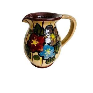 German Vintage Ceramic Art Pottery Floral Small Pitcher Red Blue Purple‎ Flowers